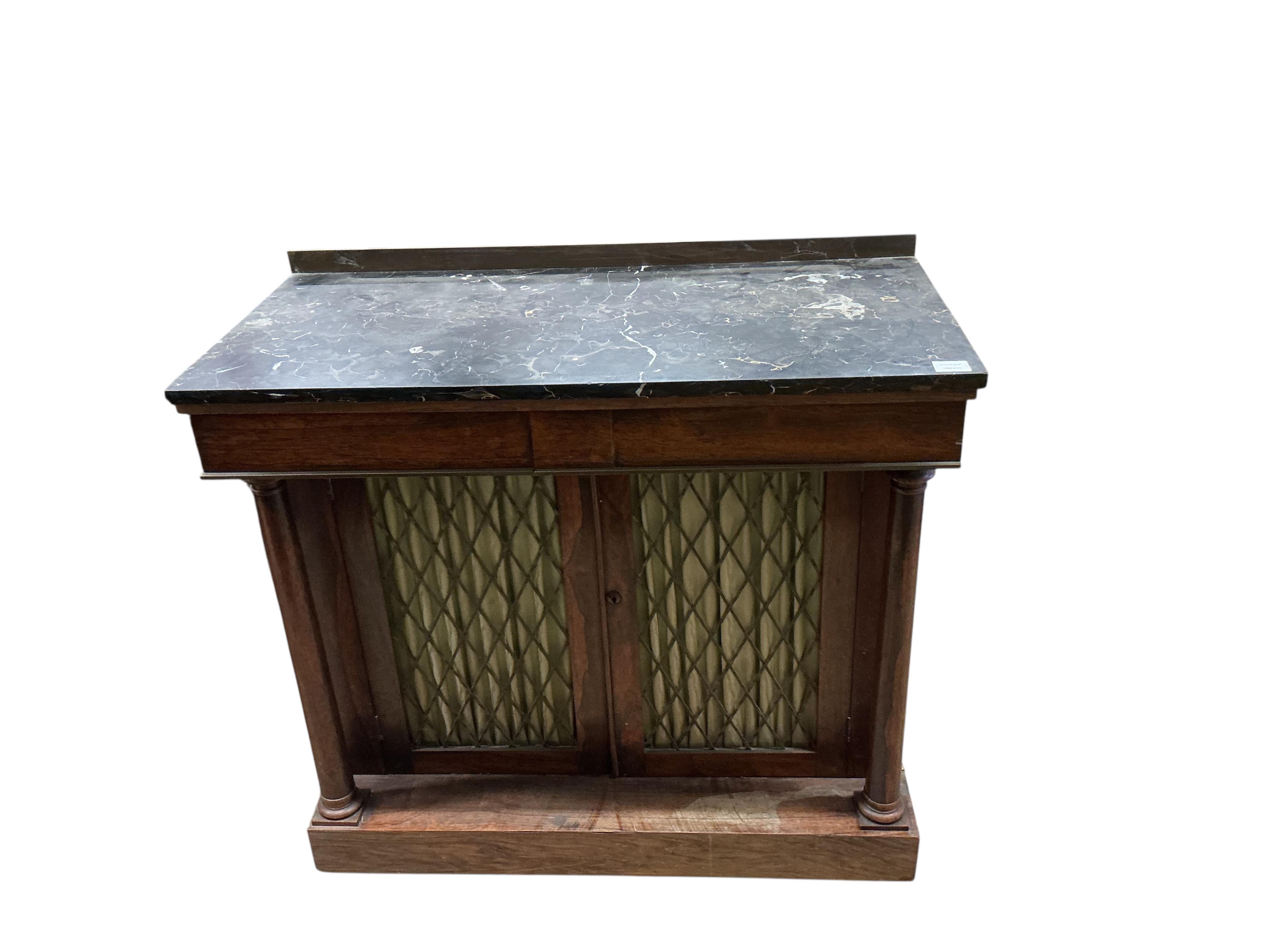 A Regency mahogany marble topped chiffonier, width 99cm, depth 48cm, height 94cm